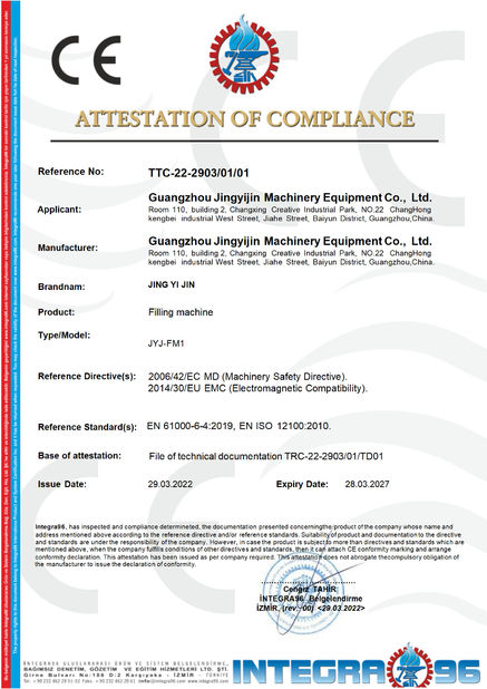 Κίνα Guangzhou Jingyijin Machinery Equipment Co., Ltd Πιστοποιήσεις